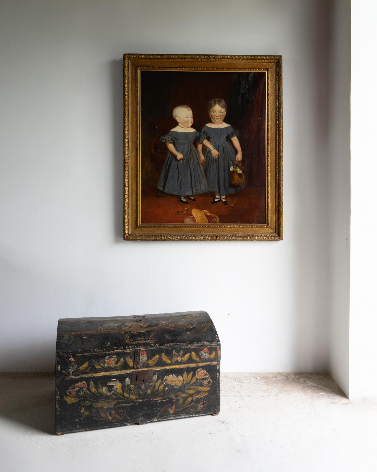 Antikes naives Porträt zweier Mädchen, Original Primitives Gemälde, Öl auf Leinwand im Angebot 5