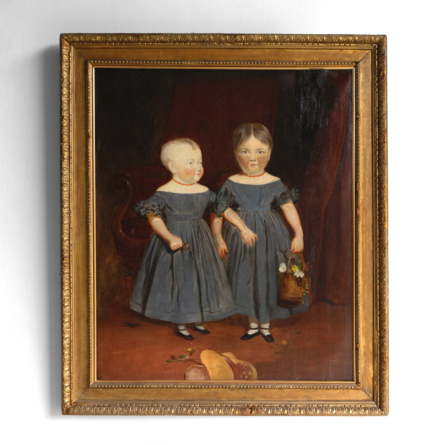 Antikes naives Porträt zweier Mädchen, Original Primitives Gemälde, Öl auf Leinwand im Angebot 6