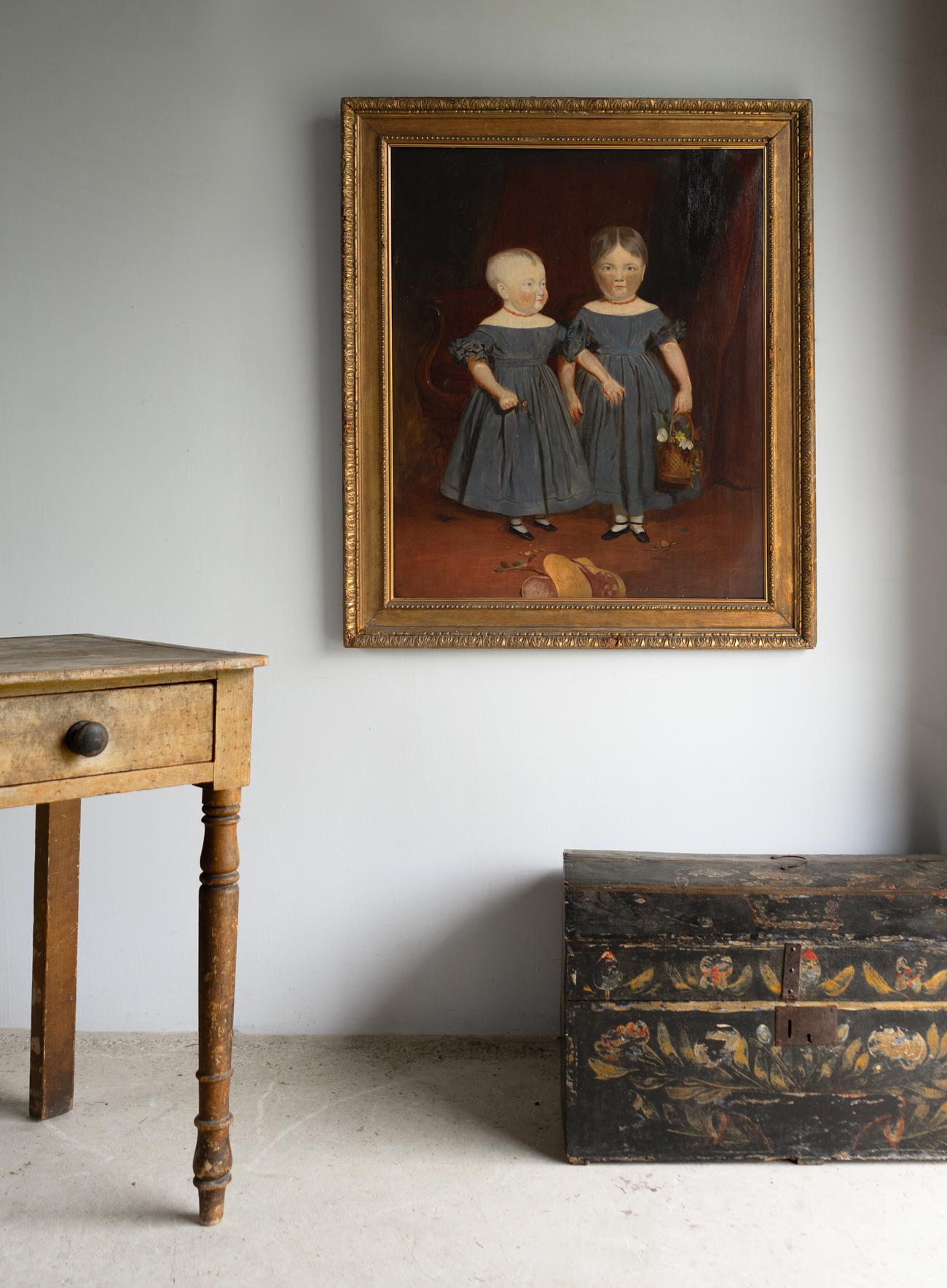 Antikes naives Porträt zweier Mädchen, Original Primitives Gemälde, Öl auf Leinwand im Angebot 7
