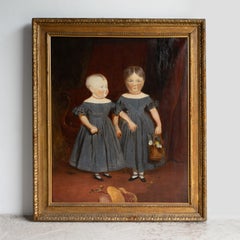 Antique Naive Portrait Of Two Girls, Original Primitive Oil On Canvas Painting