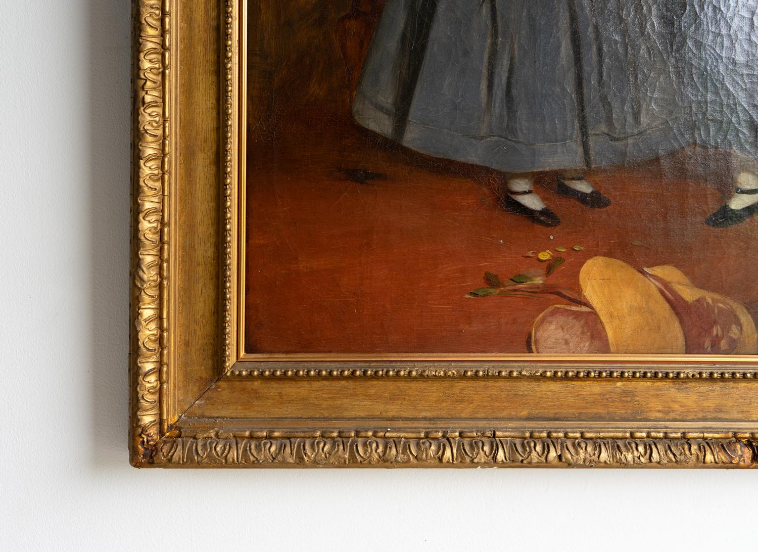 Antikes naives Porträt zweier Mädchen, Original Primitives Gemälde, Öl auf Leinwand (19. Jahrhundert) im Angebot