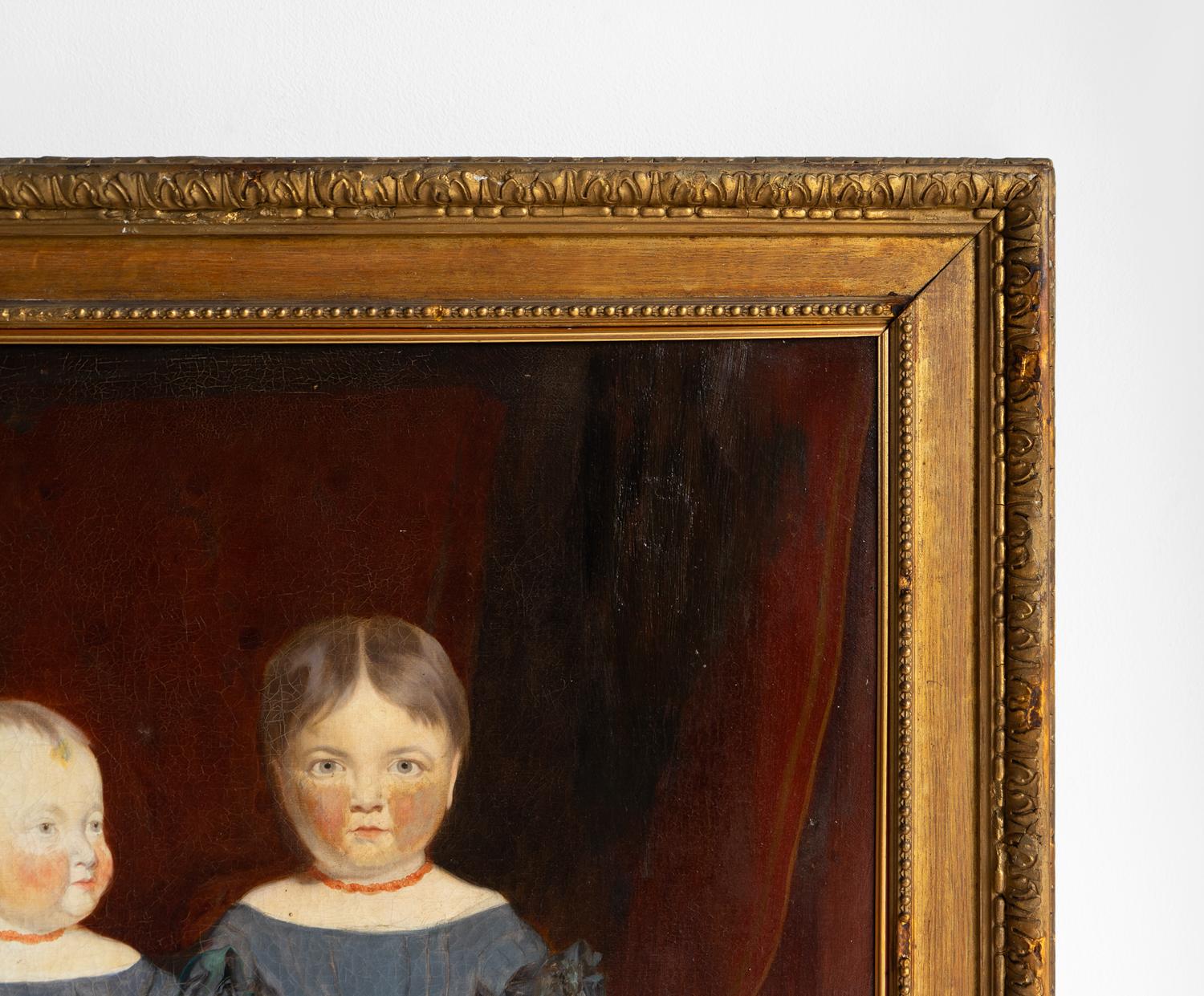 Antikes naives Porträt zweier Mädchen, Original Primitives Gemälde, Öl auf Leinwand im Angebot 1
