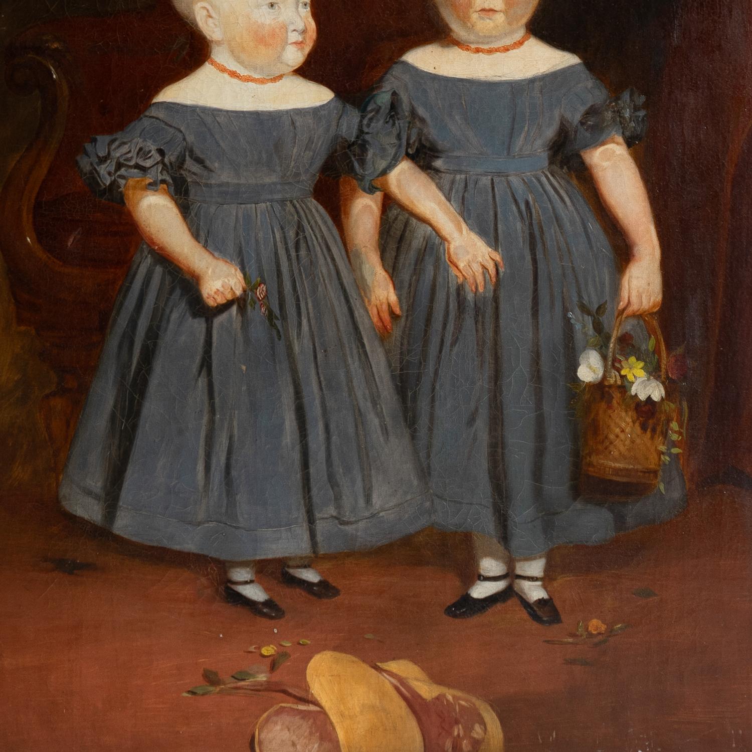 Antikes naives Porträt zweier Mädchen, Original Primitives Gemälde, Öl auf Leinwand im Angebot 3