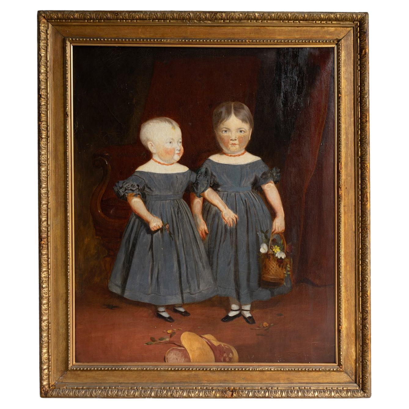 Antiguo Retrato Ingenuo De Dos Niñas, Pintura Original Primitiva Al Óleo Sobre Lienzo