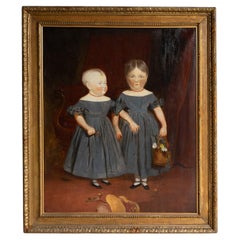 Antiguo Retrato Ingenuo De Dos Niñas, Pintura Original Primitiva Al Óleo Sobre Lienzo