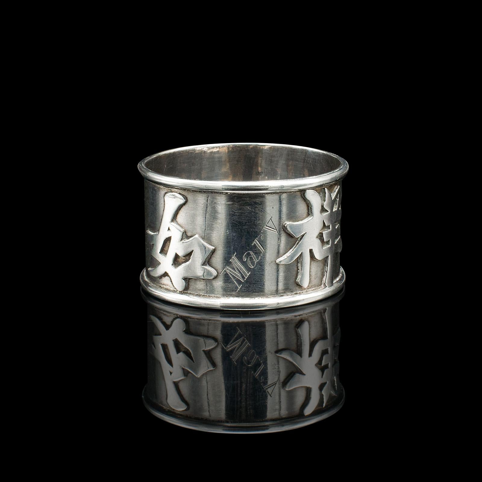 Antique Napkin Ring, Chinese, Silver, Table Decor, Hallmark, Victorian, C.1900 In Good Condition For Sale In Hele, Devon, GB
