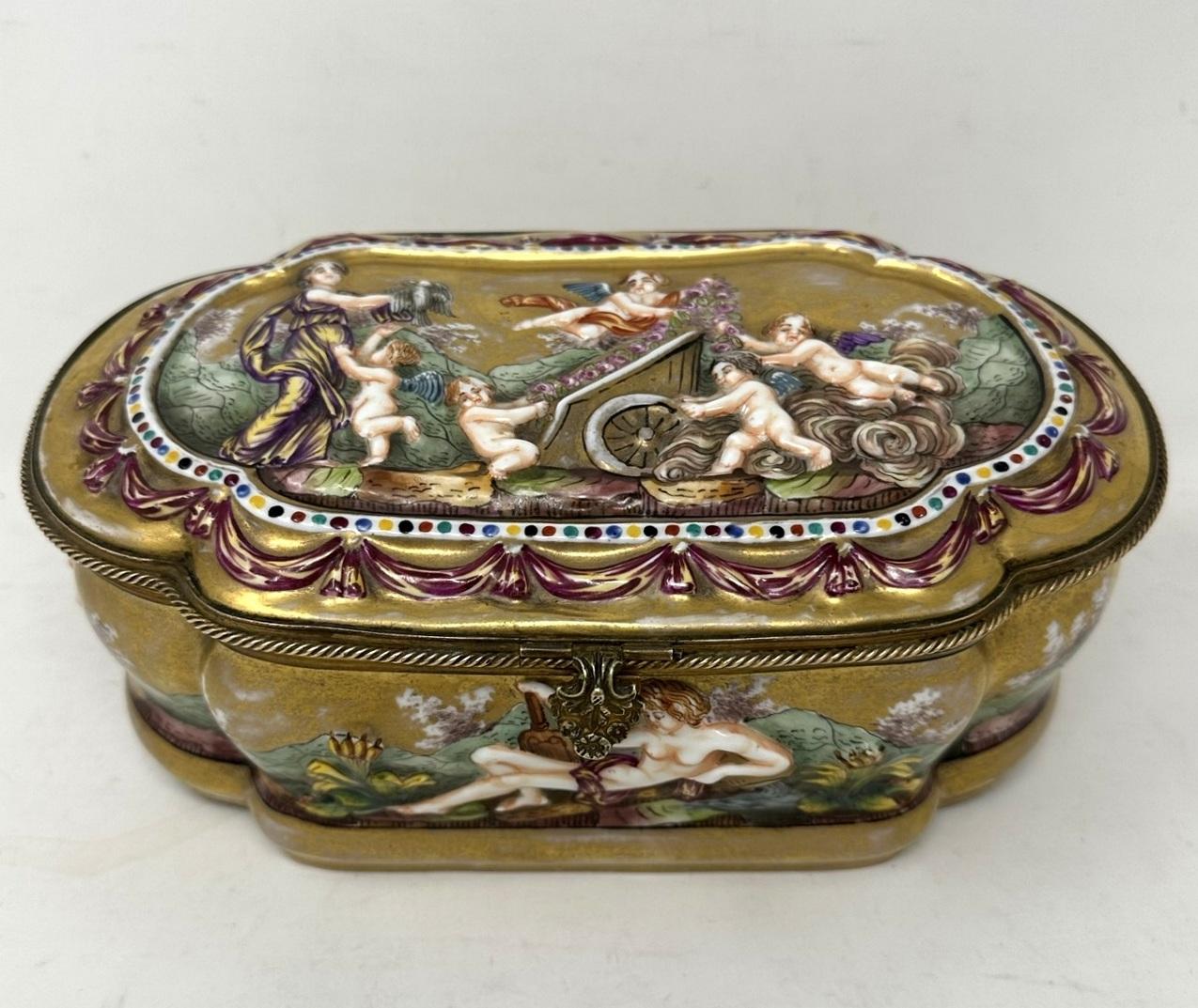 Stunning example of a gilt metal mounted Naples Capodimonte Porcelain Jewellery or Trinket Dresser Box Casket of seldom offered large size proportions. Last quarter of the Nineteenth Century. 

The dome shaped hinged cover with lavish decoration