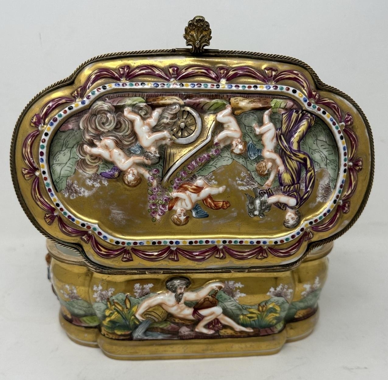 Italian Antique Naples Capodimonte Porcelain Gilt Mounted Jewlery Dresser or Trinket Box