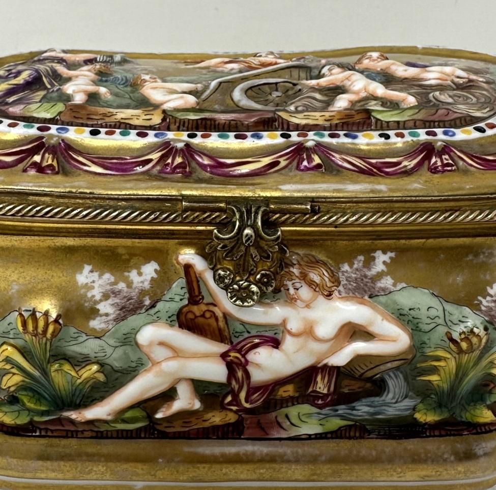 19th Century Antique Naples Capodimonte Porcelain Gilt Mounted Jewlery Dresser or Trinket Box