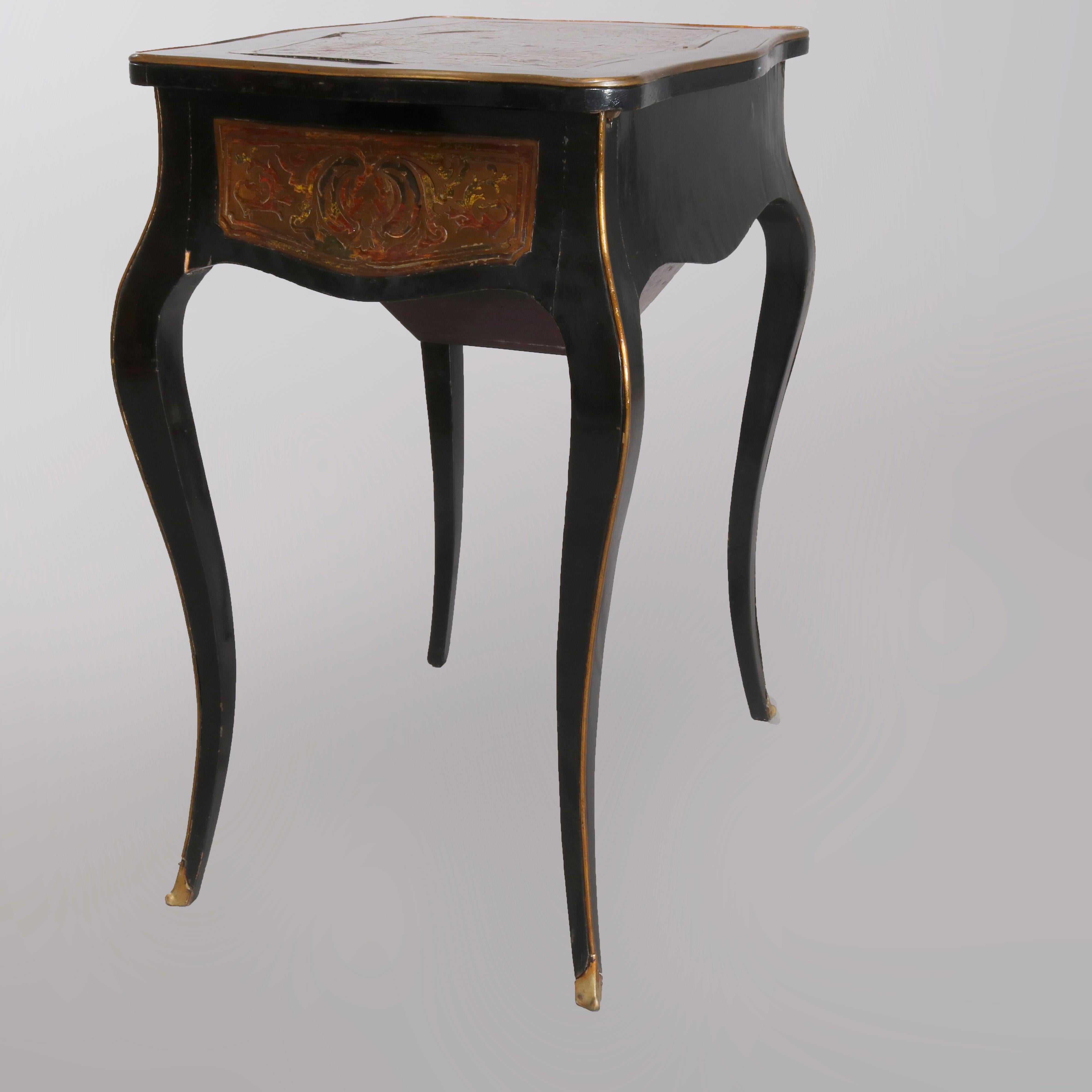 An antique Napoleon III Boulle & Tortoise shell sewing stand offers ebonized case with top having mirrored interior opening to compartments surmounting lower drawer and raised on cabriole legs, gilt highlights throughout, circa 1870

Measures- 29