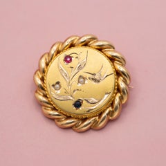 Antique Napoleon III Brooch: Art Nouveau: 18K solid Gold pearl, Red blue & white