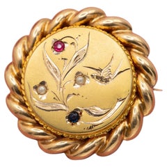 Antique Napoleon III Brooch: Art Nouveau: 18K solid Gold pearl, Red blue & white