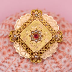 Antique Napoleon III Brooch - Victorian 18K solid Gold, Ruby & Pearl