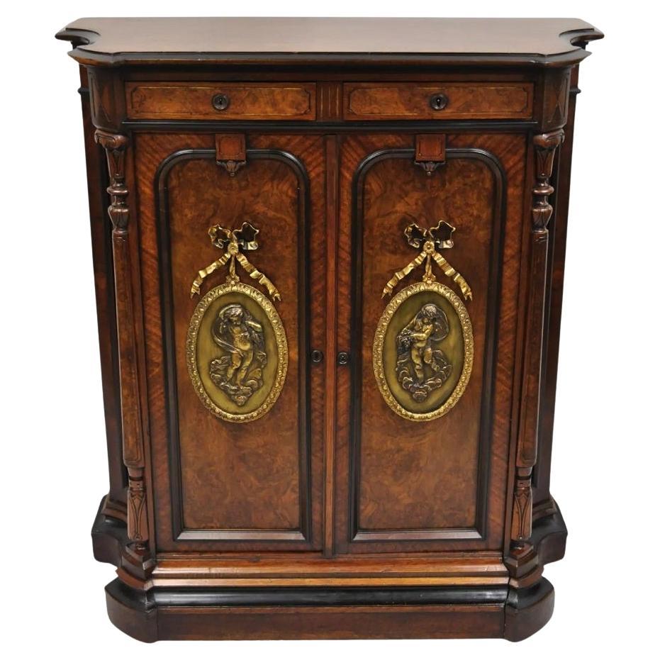 Antique Napoleon III Burl Walnut 2 Door Wardrobe Cabinet with Bronze Plaques