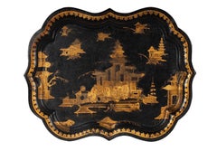 Antique Napoleon III Chinoiserie Black and GIlt Painted Tole Tray