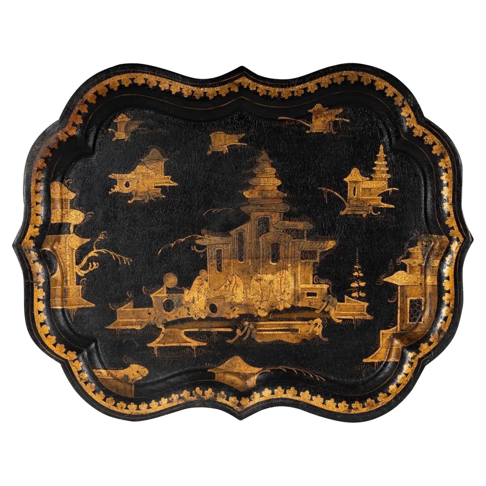 Antiguo Napoleón III Chinoiserie Bandeja de tole pintada de negro y amarillo