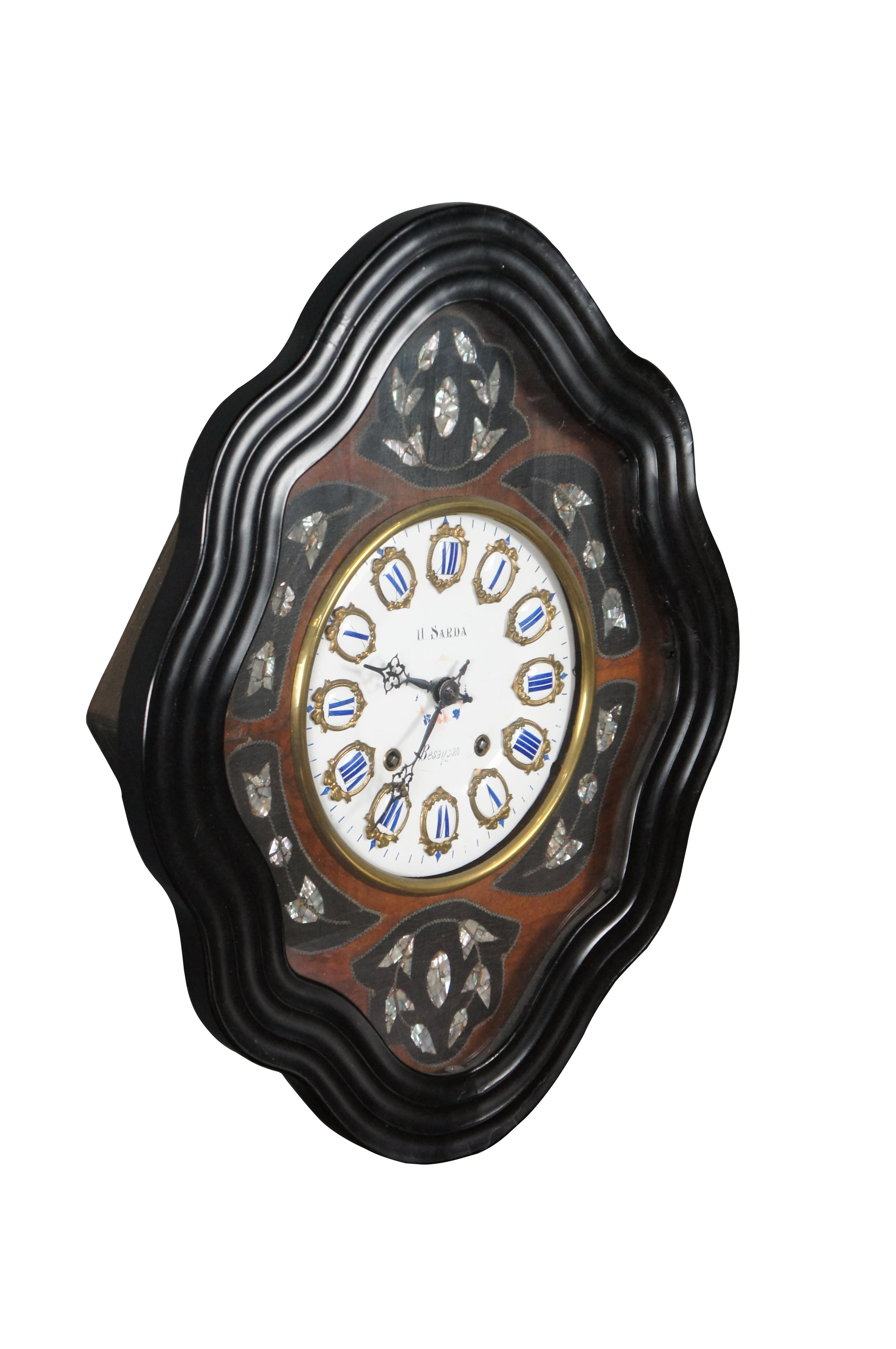 Napoleone III Antique Napoleon III French 19th C. Ebonized Mother of Pearl Inlaid Wall Clock (Orologio da parete intarsiato in madreperla) in vendita