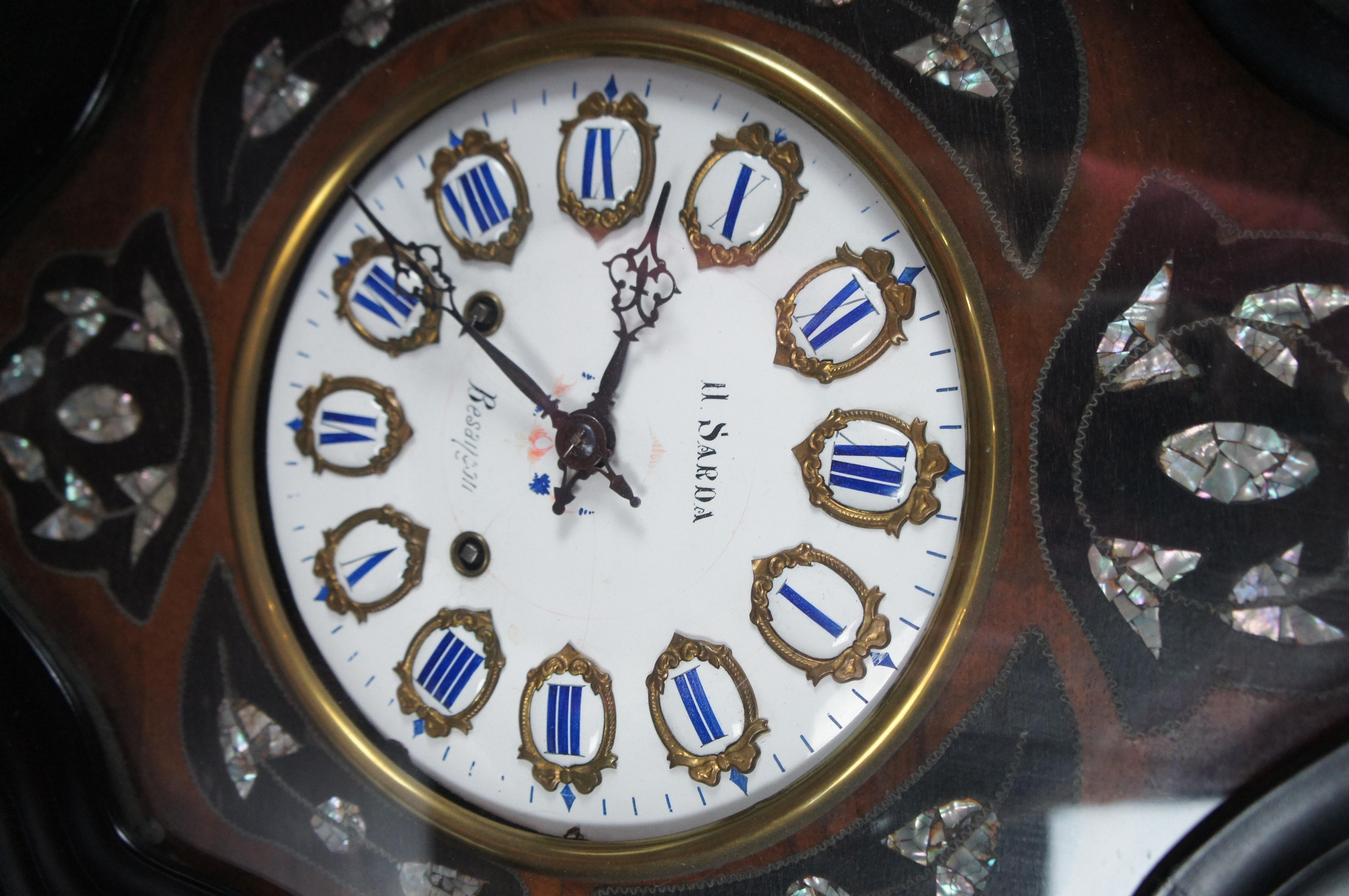 Ebanizzato Antique Napoleon III French 19th C. Ebonized Mother of Pearl Inlaid Wall Clock (Orologio da parete intarsiato in madreperla) in vendita