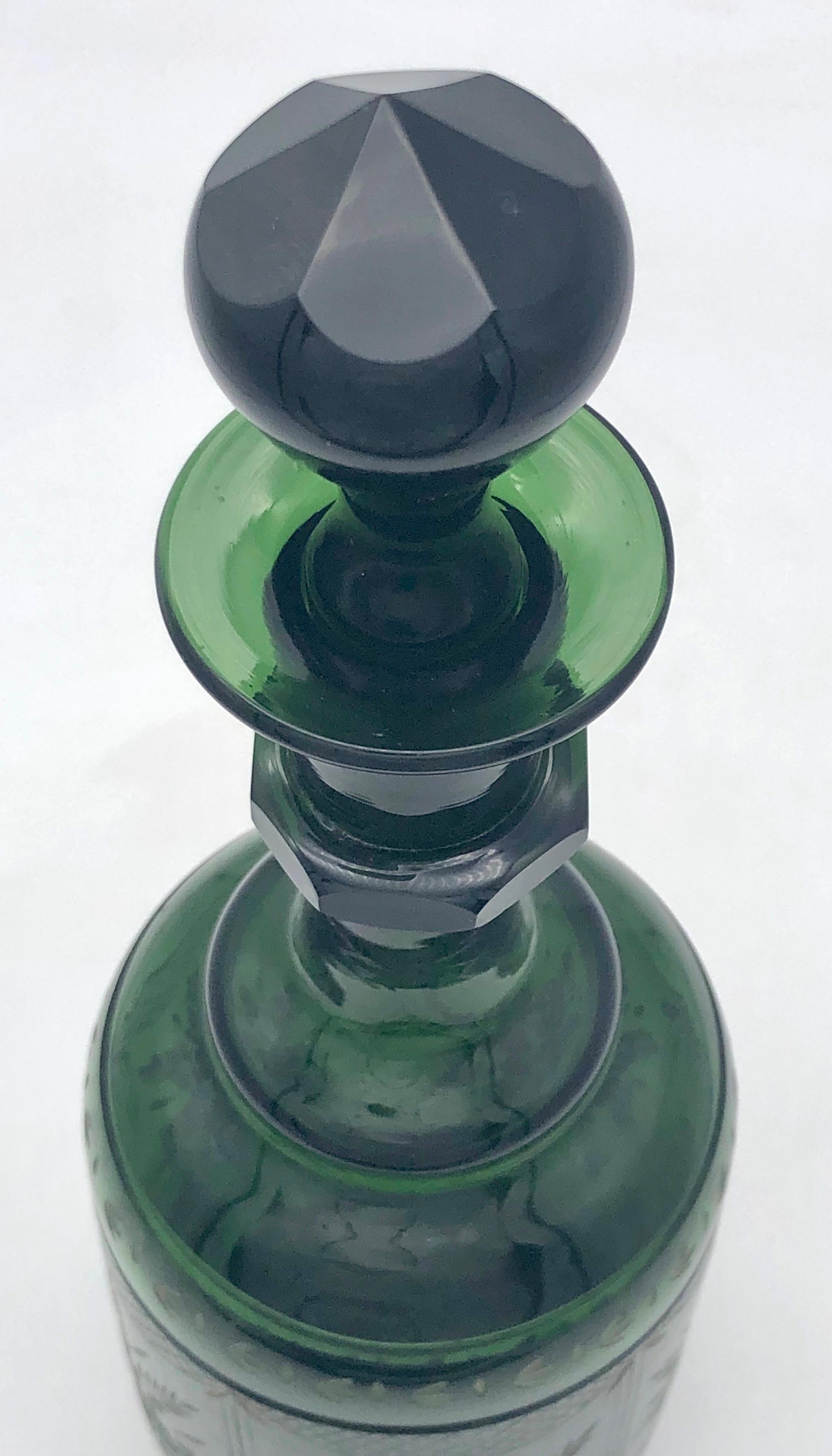 Hand-Carved Antique Napoleon III French Green Carved Glass Decanter