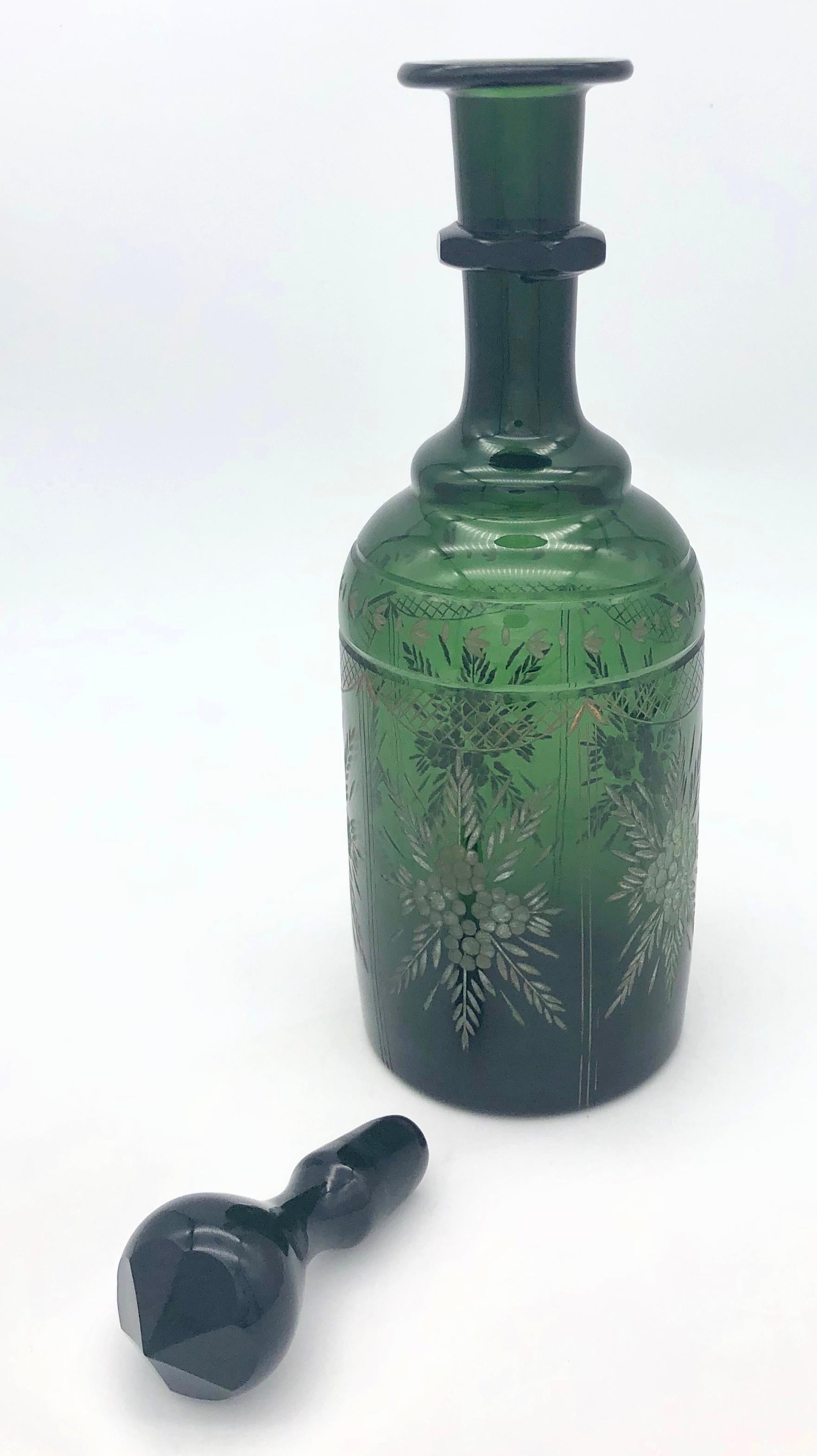 Mid-19th Century Antique Napoleon III French Green Carved Glass Decanter