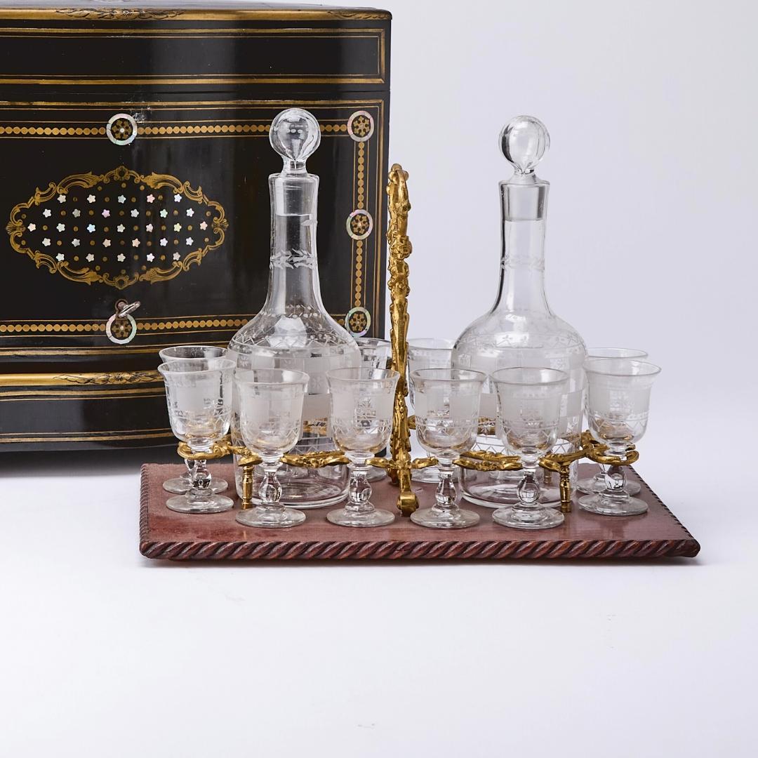 Gilt Antique Napoleon III French Liquor Cellar/ Liqueur Box/ Glass Decanters / 1830 For Sale