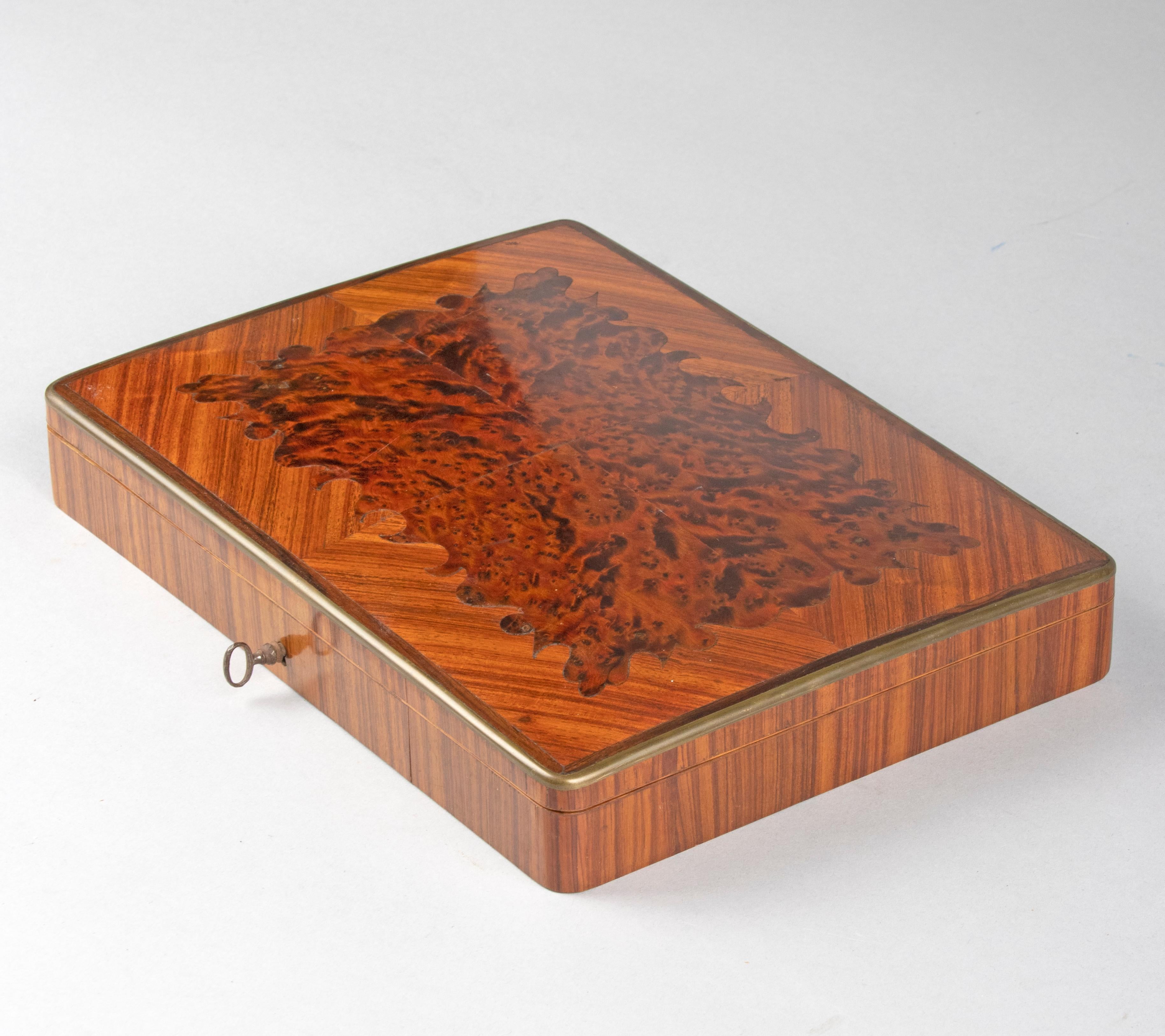 French Antique Napoleon III Game box with Brass and Burl Wood Marquetry For Sale