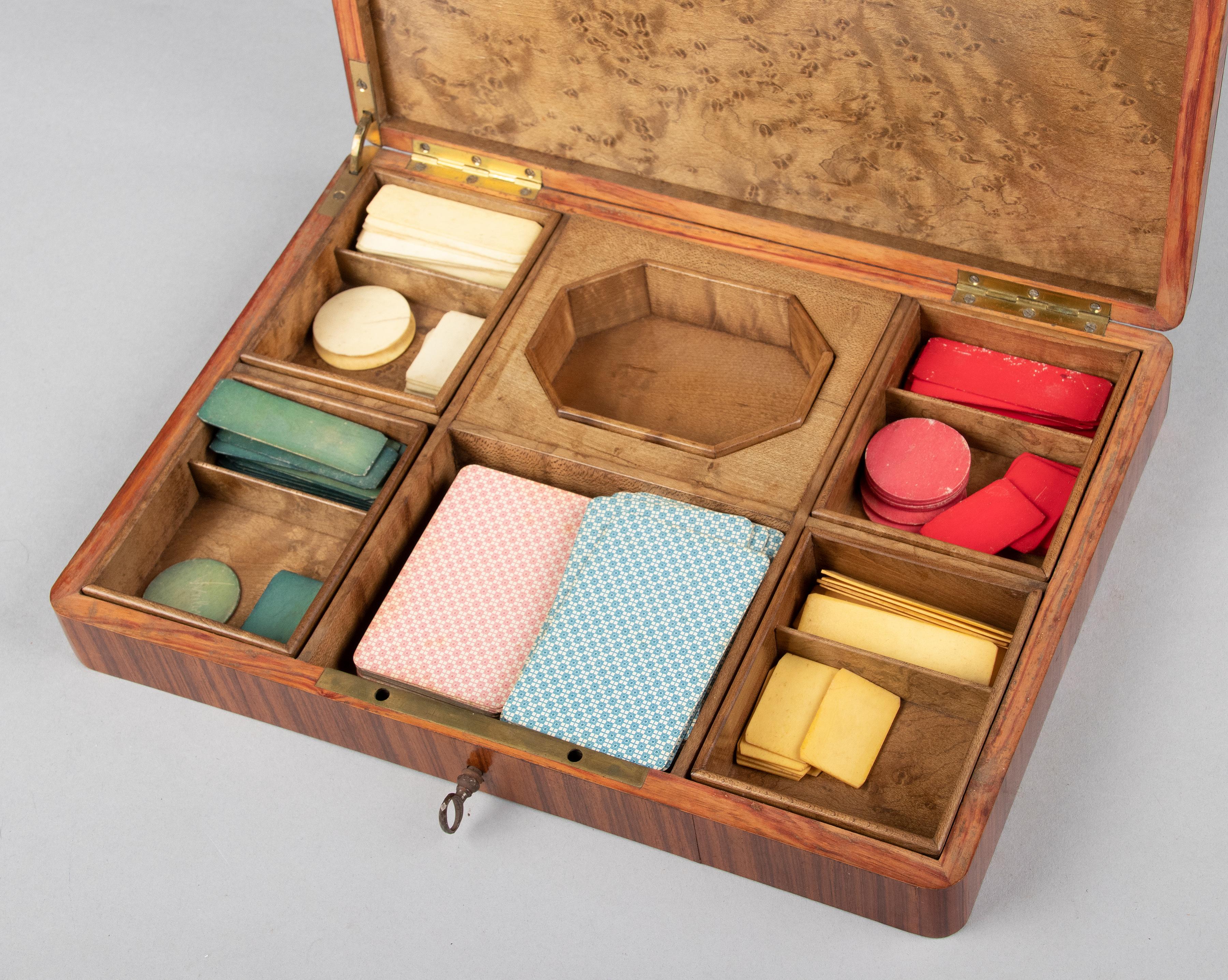 Late 19th Century Antique Napoleon III Game box with Brass and Burl Wood Marquetry For Sale