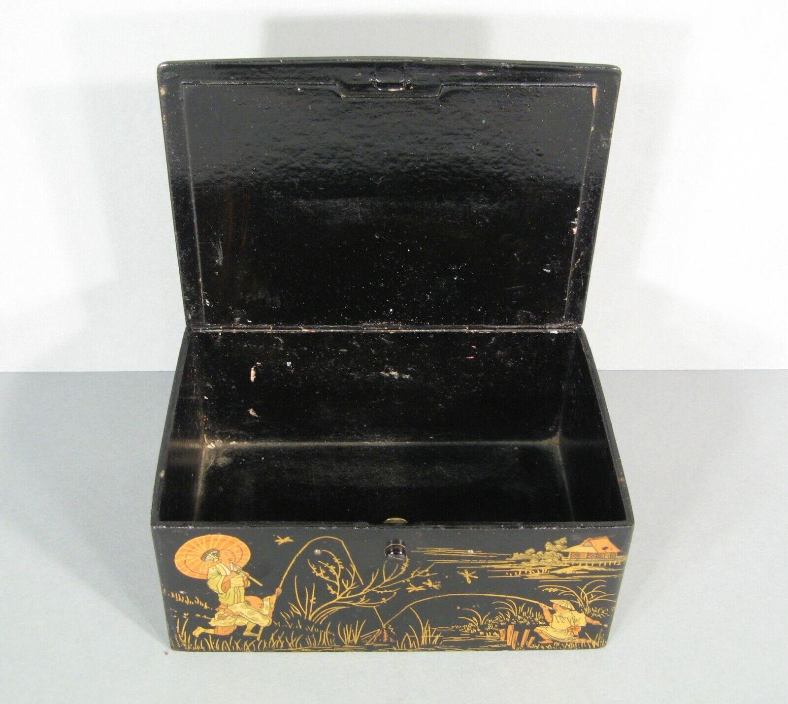 Antique Napoléon III Lacquered Papier-Mâché Box, Oriental Fishermen - 1Y211 3