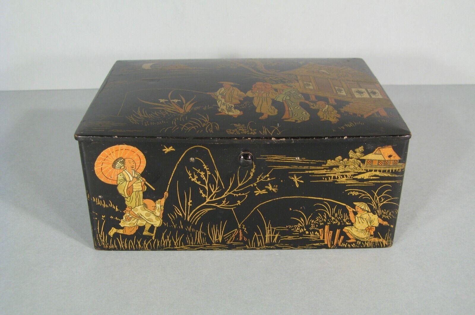 This exquisite antique box, crafted in lacquered papier-mâché, features a polychrome design of oriental fishermen. Reflecting the Napoléon III style, the box has a push-button mechanism that opens the lid, showcasing its fine craftsmanship from the