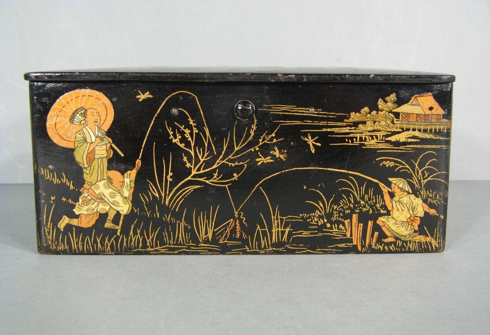 Antique Napoléon III Lacquered Papier-Mâché Box, Oriental Fishermen - 1Y211 In Good Condition In Bordeaux, FR