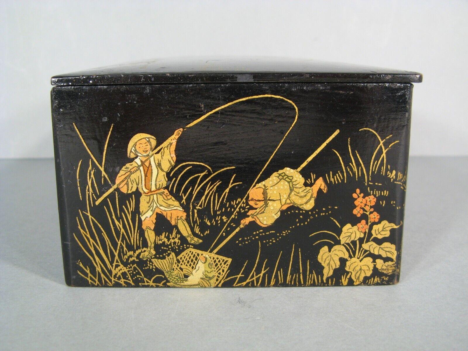 19th Century Antique Napoléon III Lacquered Papier-Mâché Box, Oriental Fishermen - 1Y211