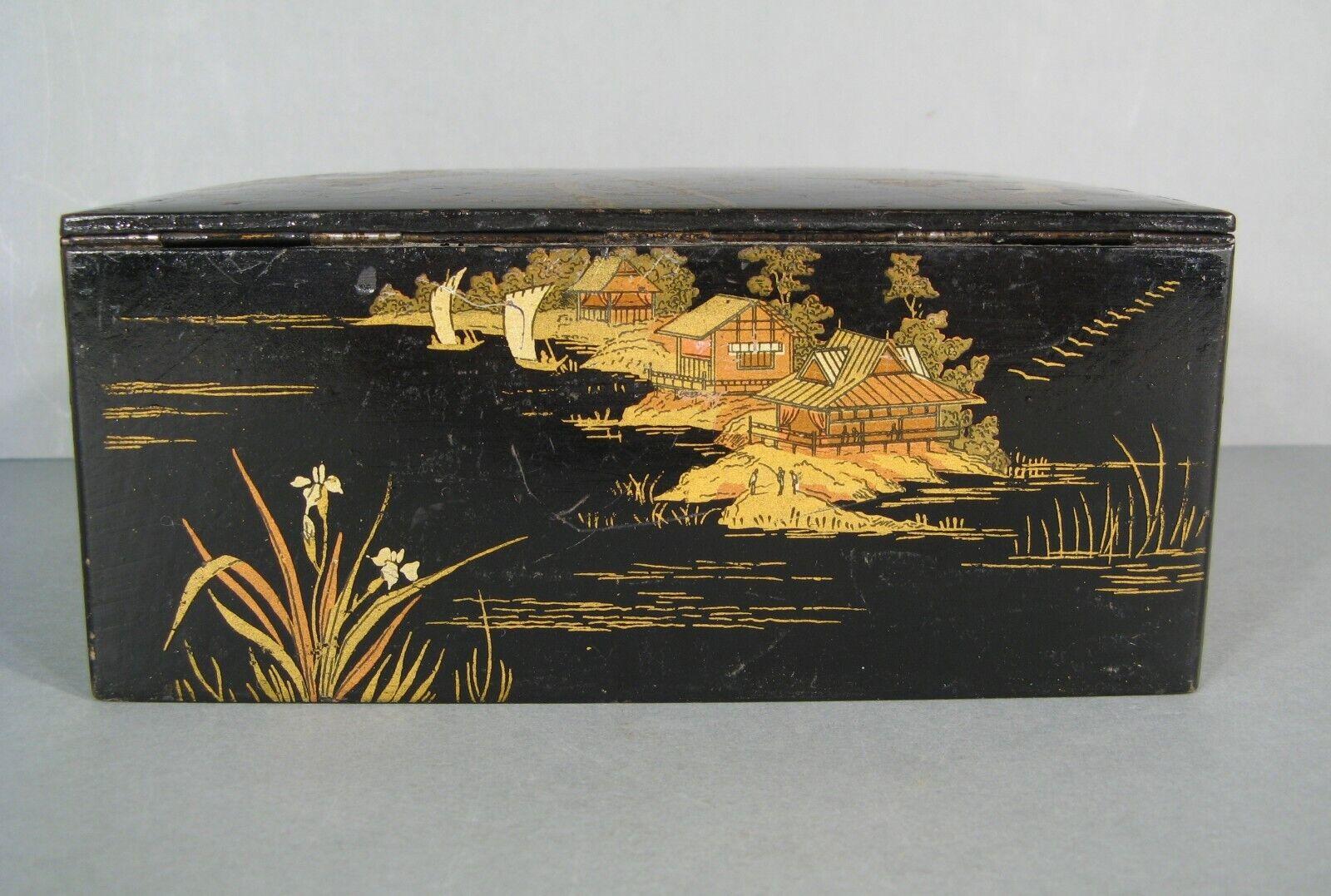 Paper Antique Napoléon III Lacquered Papier-Mâché Box, Oriental Fishermen - 1Y211