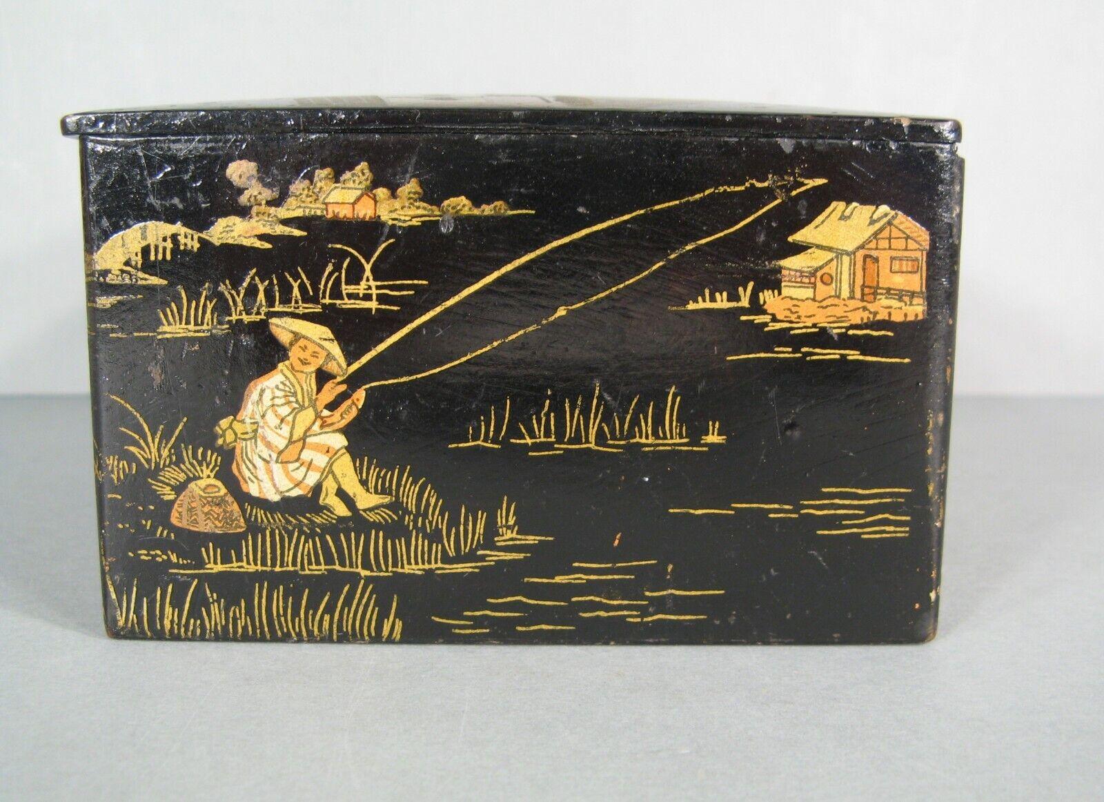 Antique Napoléon III Lacquered Papier-Mâché Box, Oriental Fishermen - 1Y211 1