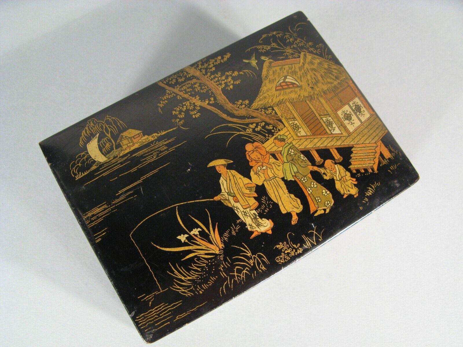 Antique Napoléon III Lacquered Papier-Mâché Box, Oriental Fishermen - 1Y211 2