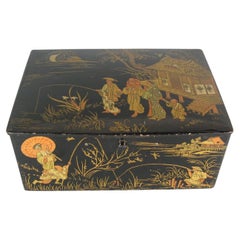Ancienne boîte en papier mâché laqué Napoléon III, pêcheurs orientaux - 1Y211
