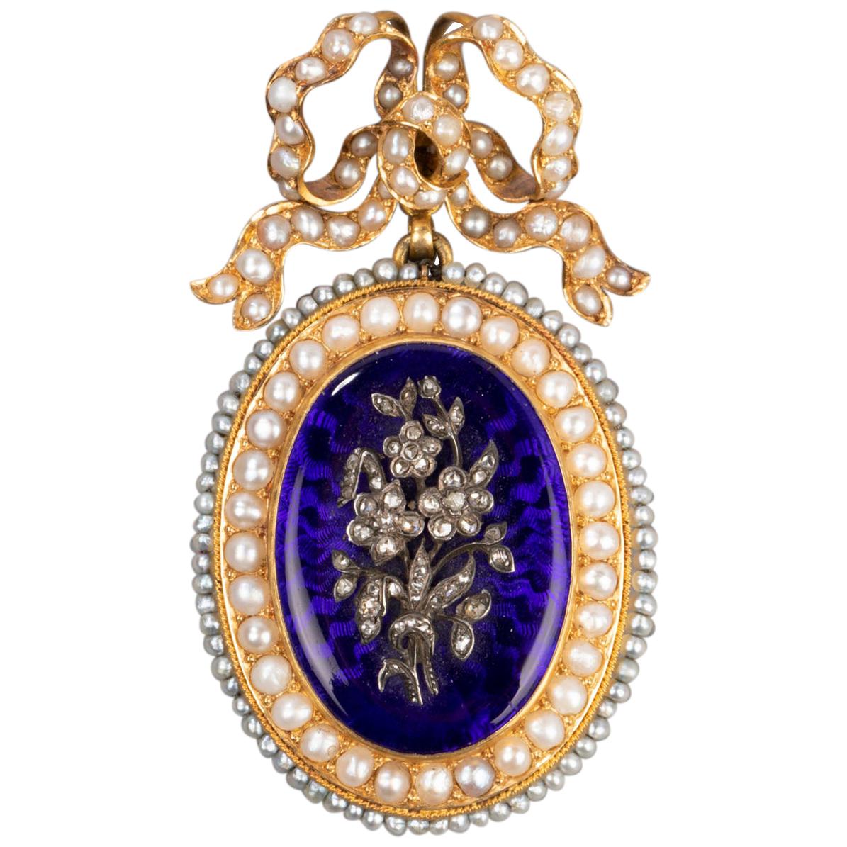 Antique Napoleon III Locket, Gold Enamel and Pearls