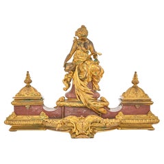 Antiquité - Encrier en marbre Napoléon III monté sur bronze doré / Déesse assise tenant un globe terrestre