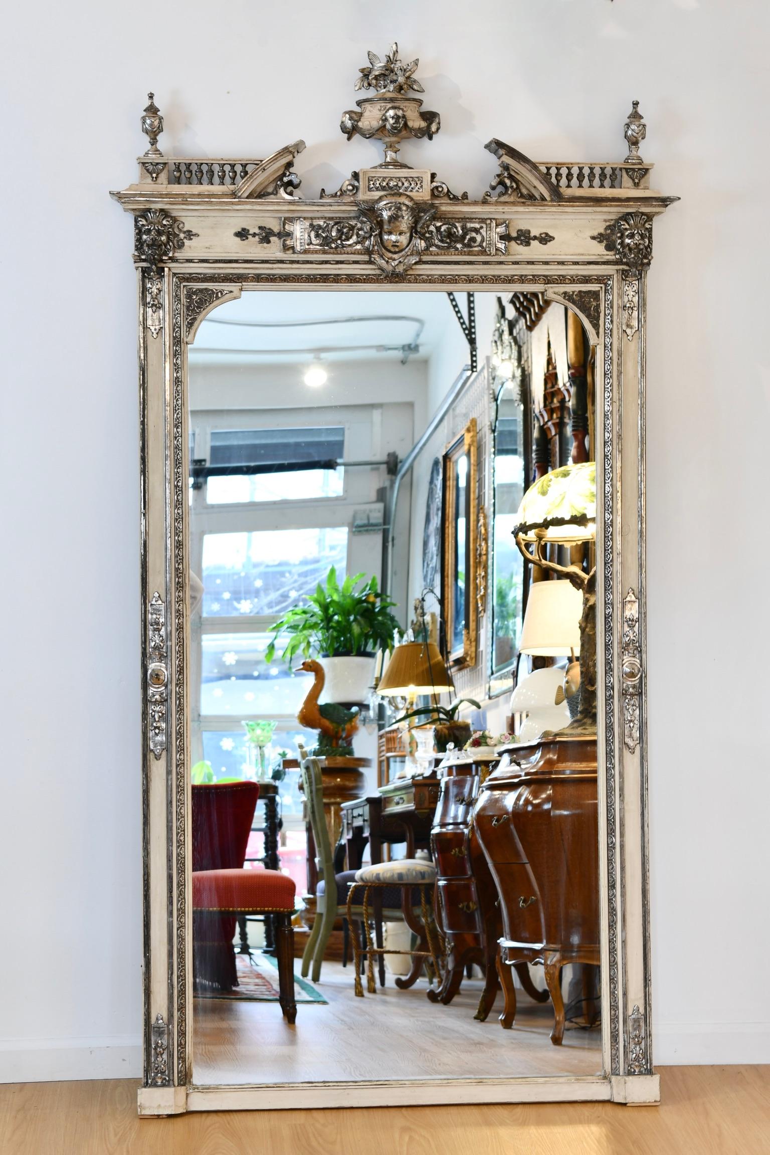 Antique French Napoleon III painted and silver gilt mirror, circa 1860. Dimensions: 78