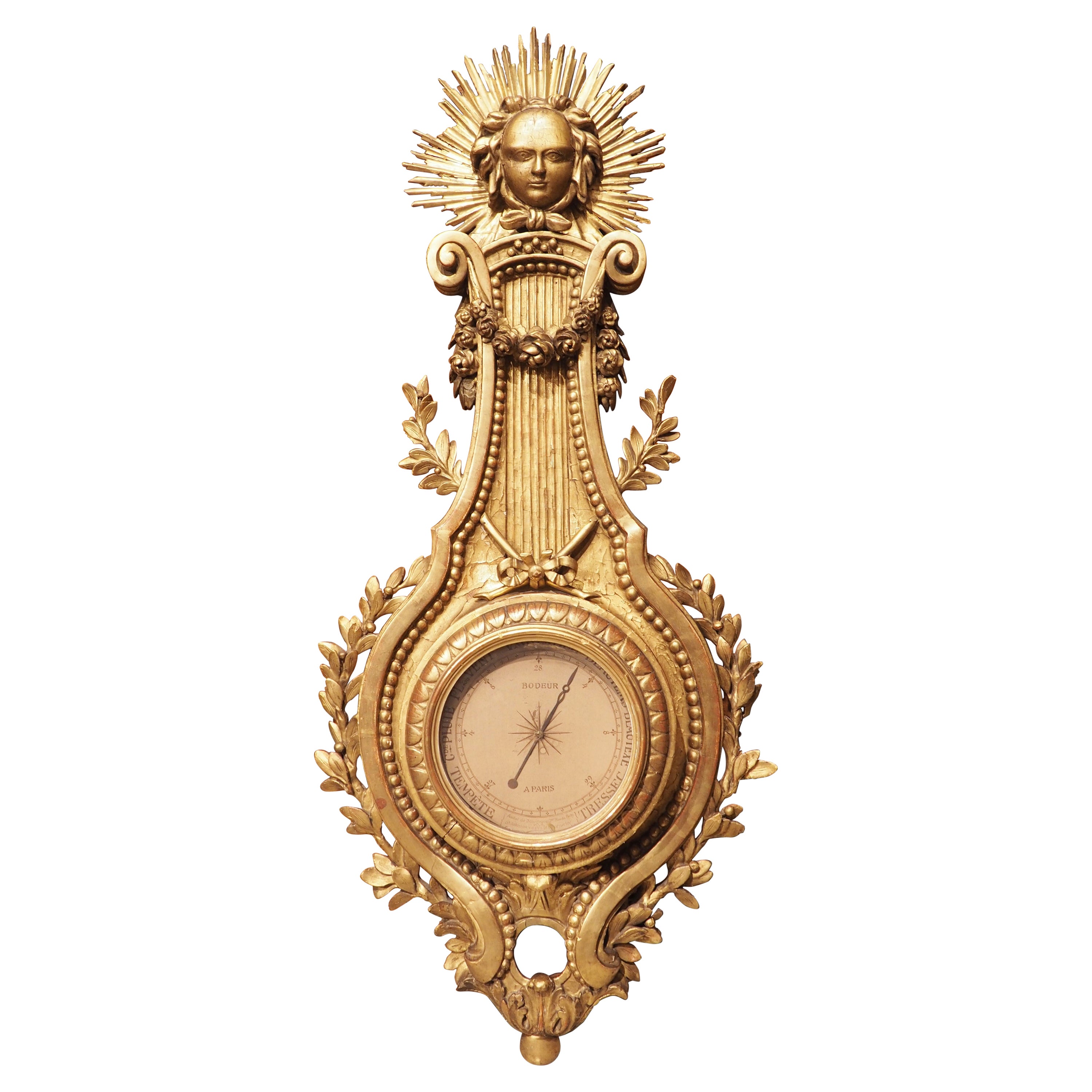Antico barometro parigino in legno dorato Napoleone III, "Bodeur a Paris", 1830 circa