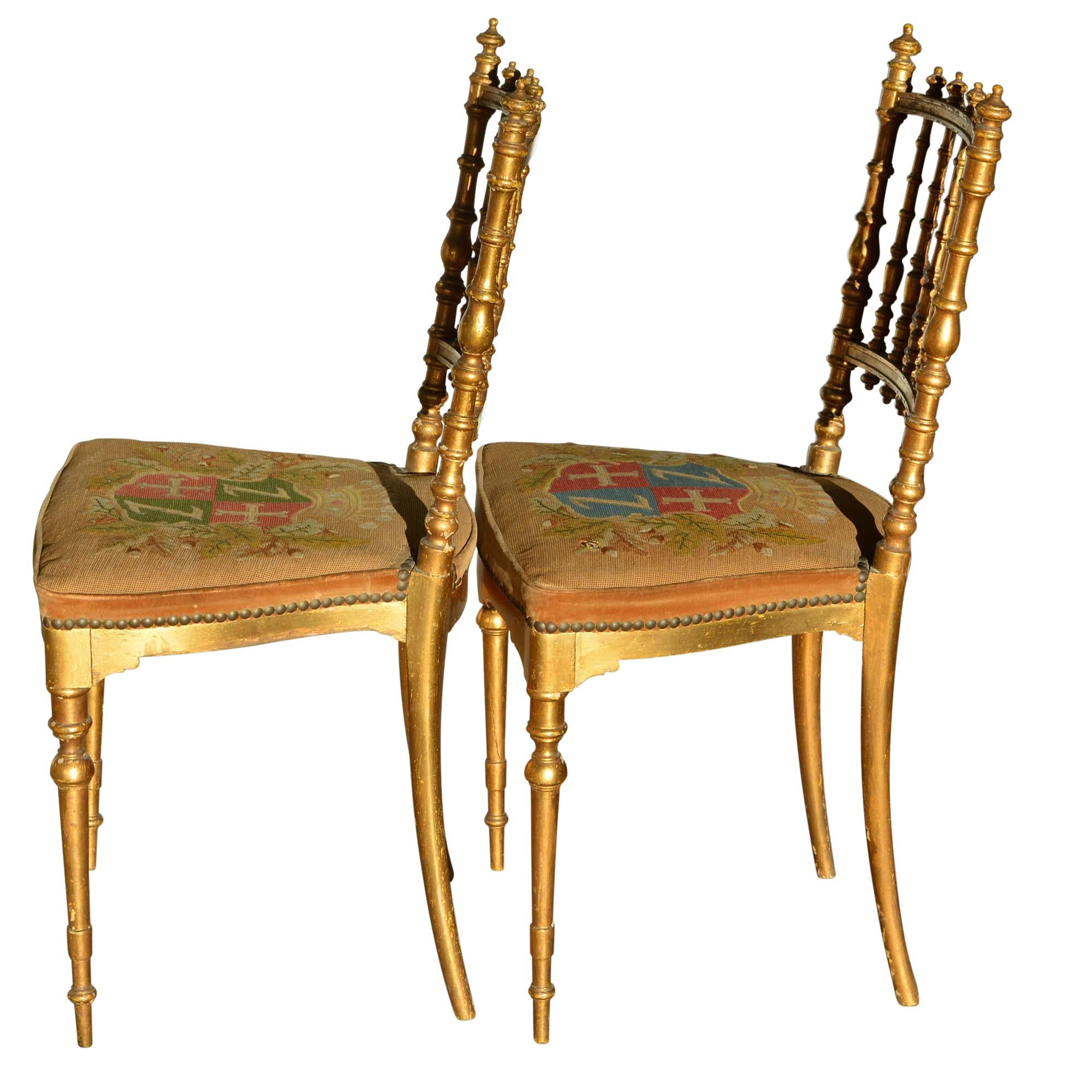 French Antique Napoleon III Period Dining Chairs Shield Tapestry
