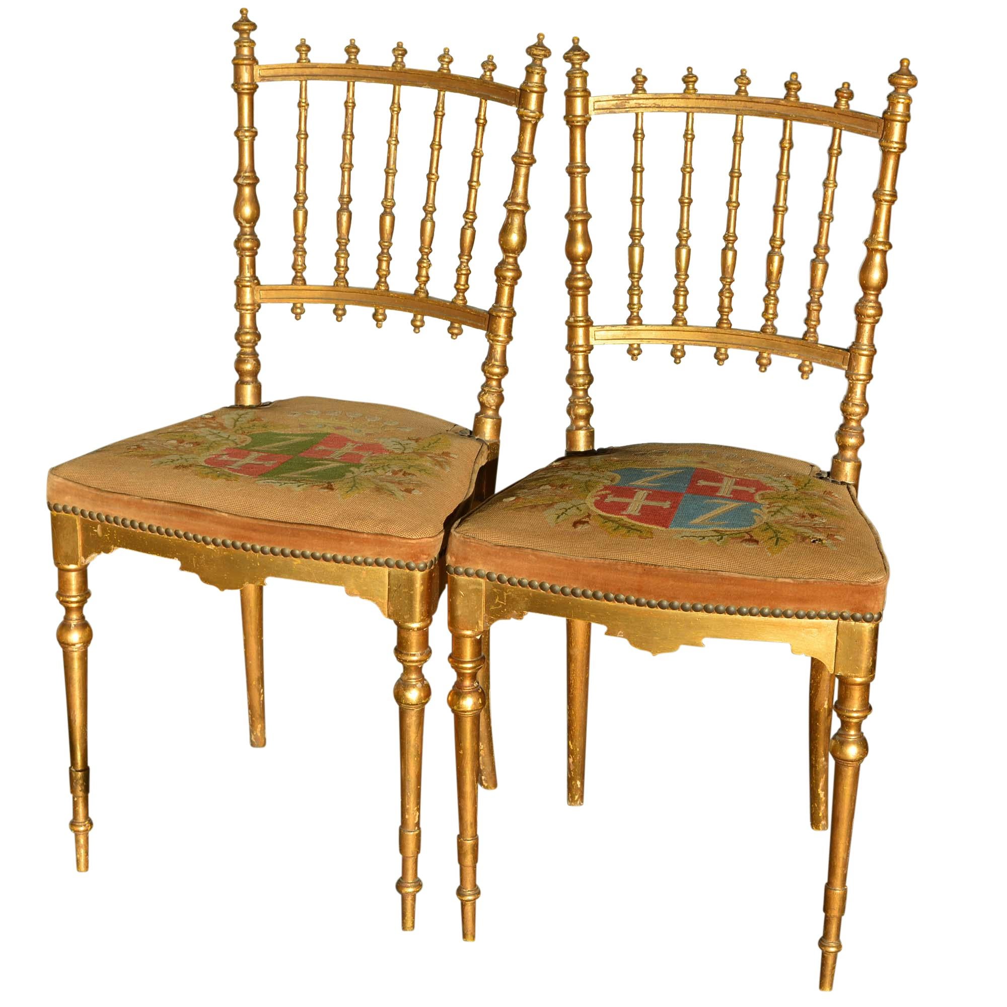 Late 19th Century Antique Napoleon III Period Dining Chairs Shield Tapestry