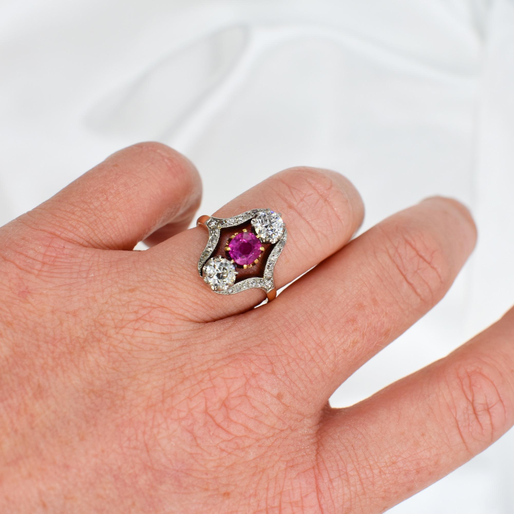 Old Mine Cut Antique Napoleon III ring in gold and platinum with diamonds and rubies For Sale