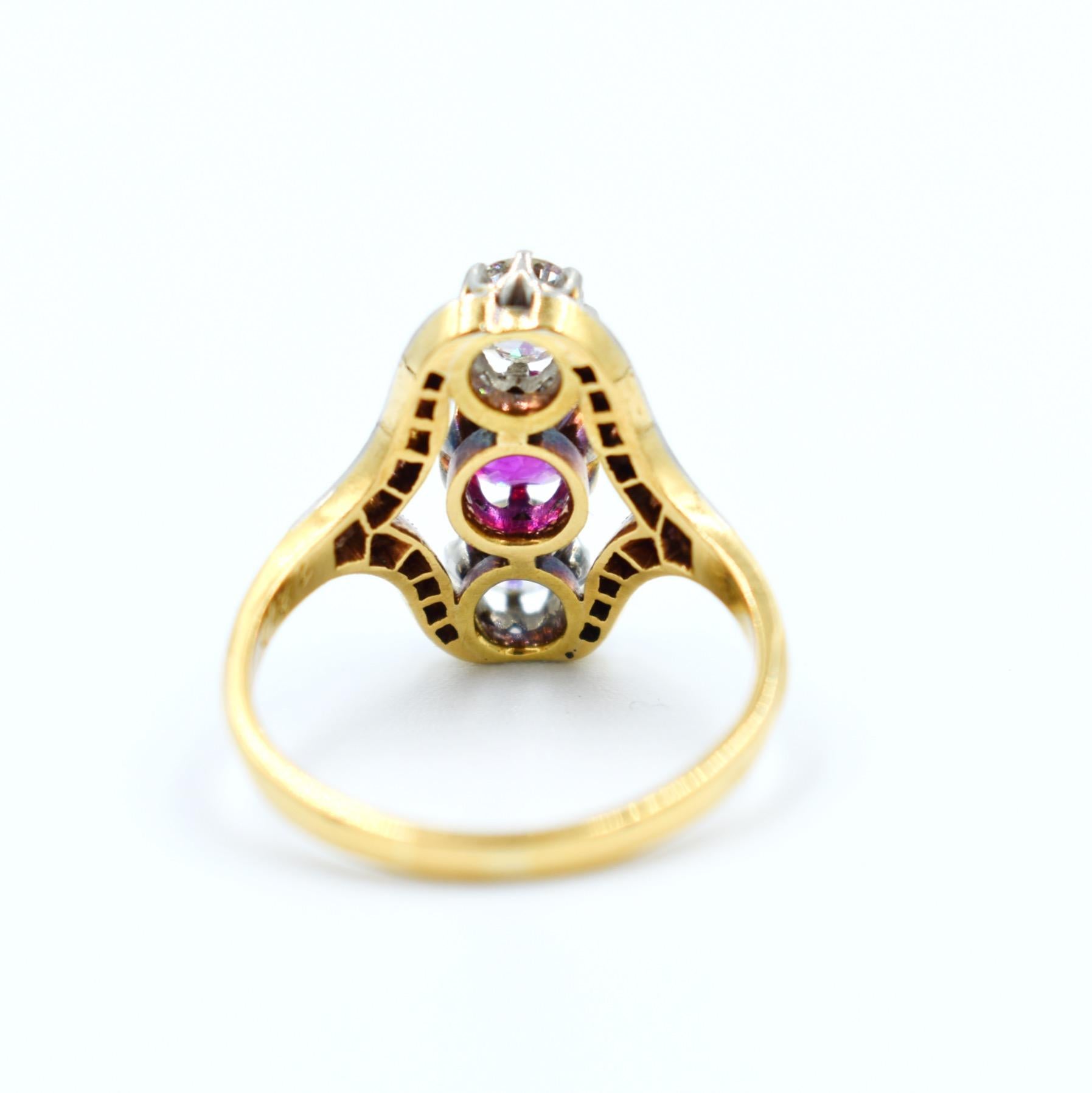 Women's Antique Napoleon III ring in gold and platinum with diamonds and rubies For Sale