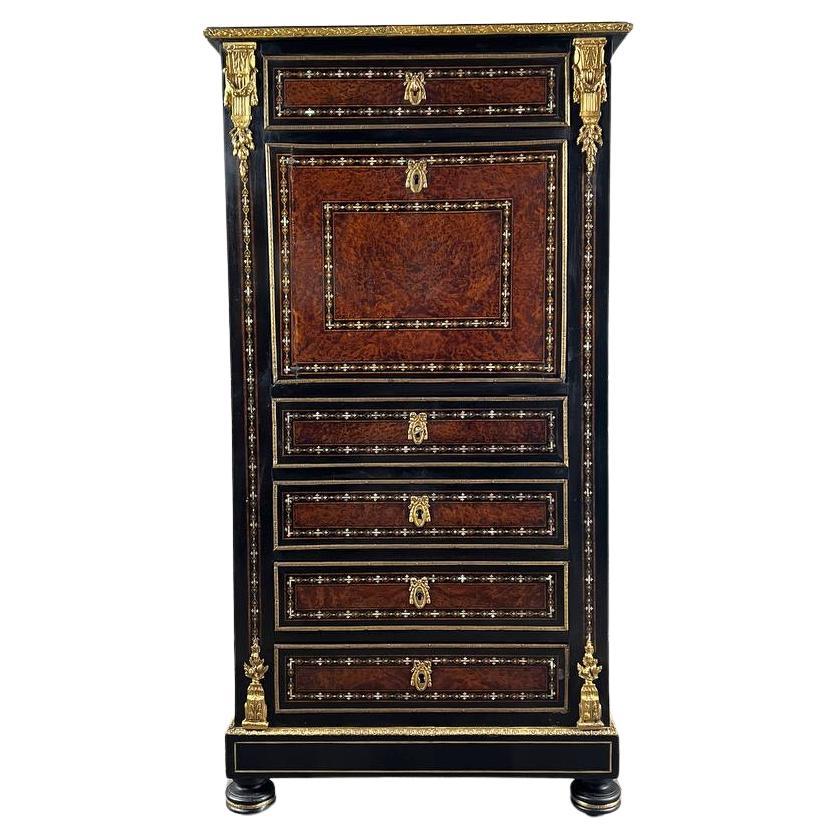 Antique Napoleon III Secretary Desk in Marquetry and Gilt Bronzes For Sale