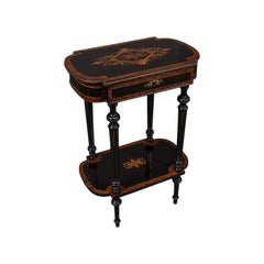 Table d'appoint française ancienne Napoléon III, étagère, ronce de noyer, couture, vers 1870