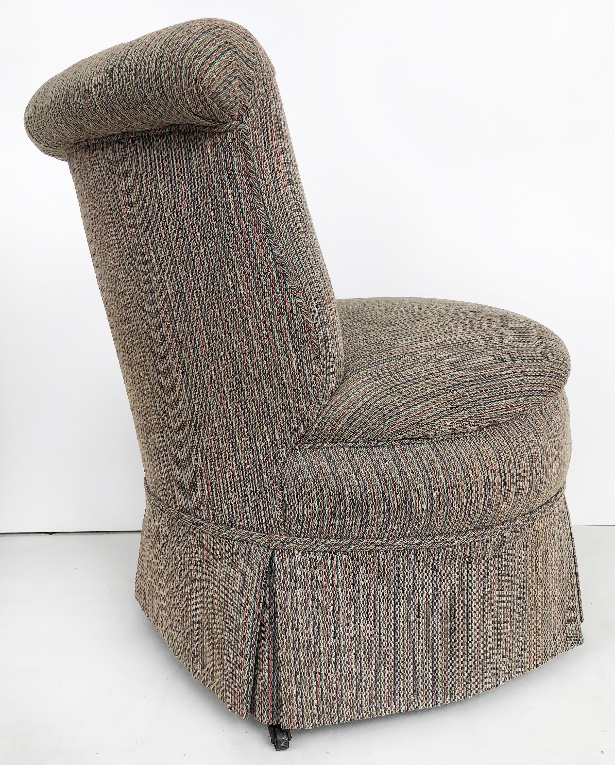 Fabric Antique Napoleon III Slipper Chair circa 1900, Turned Legs on Casters