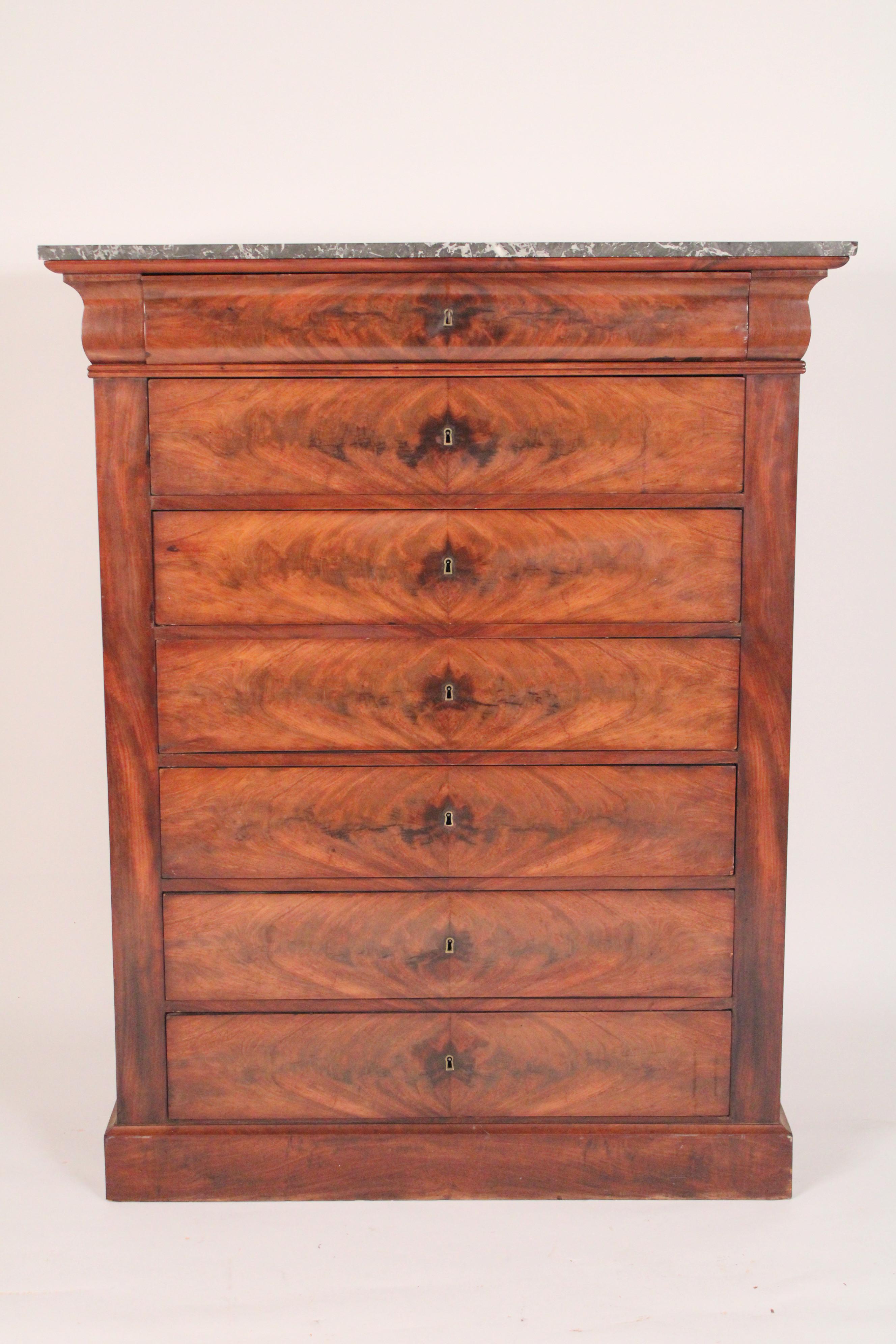 Antique Napoleon III flame mahogany semanier with marble top, late 19th century. With original grey and white marble top, nice quality flame mahogany on front of semanier and hand dove tailed drawer construction. Clean straight lines to go with