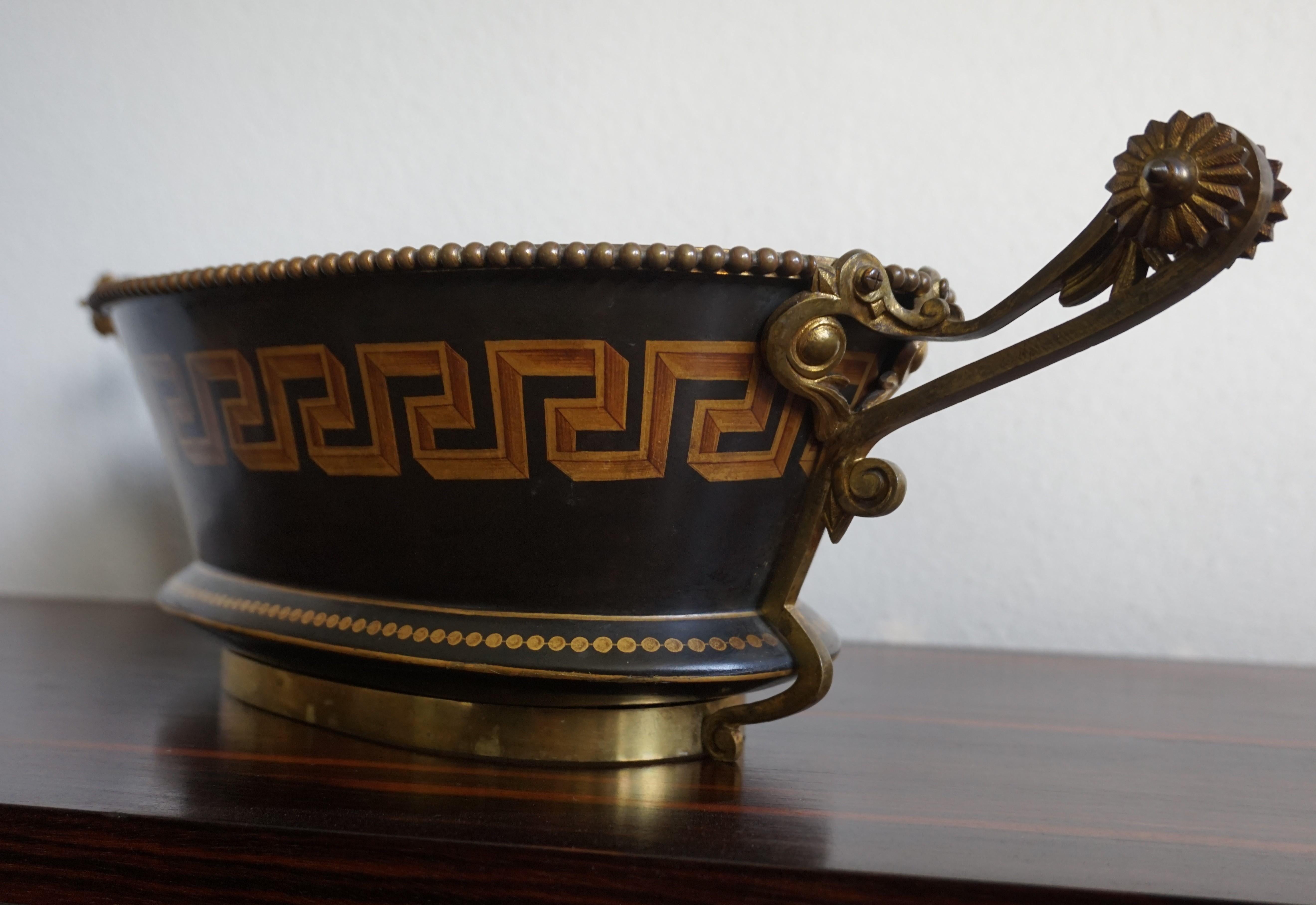 Antique Napoleon Style Bronze & Opaline Jardinière with Hand Painted Key Pattern 4