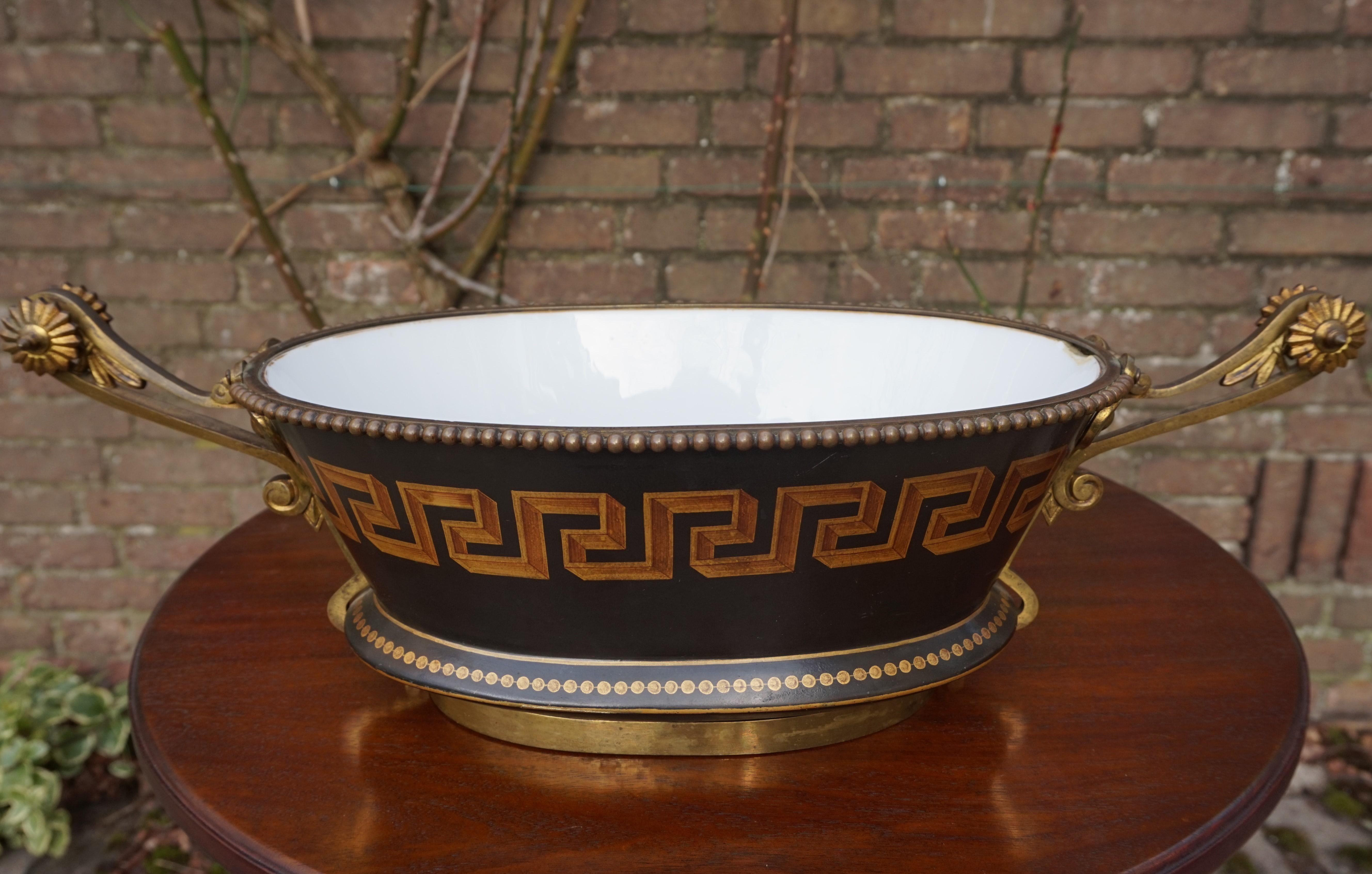 Antique Napoleon Style Bronze & Opaline Jardinière with Hand Painted Key Pattern 8