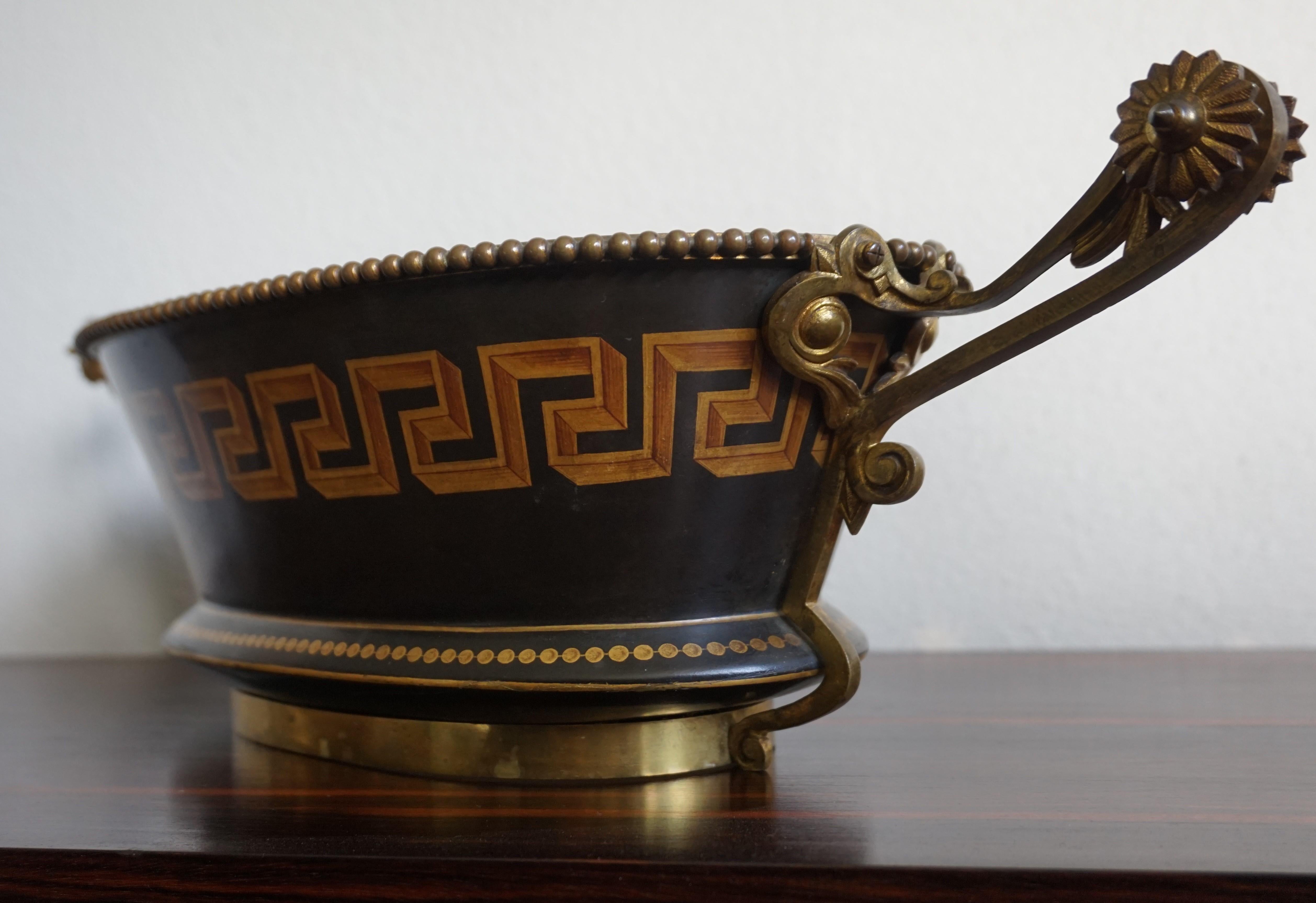 Antique Napoleon Style Bronze & Opaline Jardinière with Hand Painted Key Pattern 9